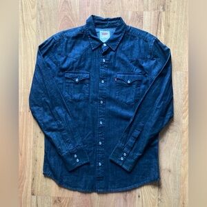 Levis Pearl Snap Mens Medium Western Blue Denim Long Sleeve Cotton Shirt